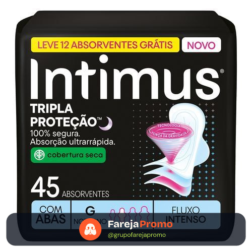 Absorvente Intimus Tripla Proteção Noite Seca Com Abas, Fluxo intenso, 45 um