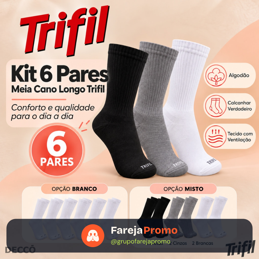 Kit com 6 Pares de Meias Modelo Cano Longo Trifil Sport Lisa Básica Calcanhar Verdadeiro Esportiva