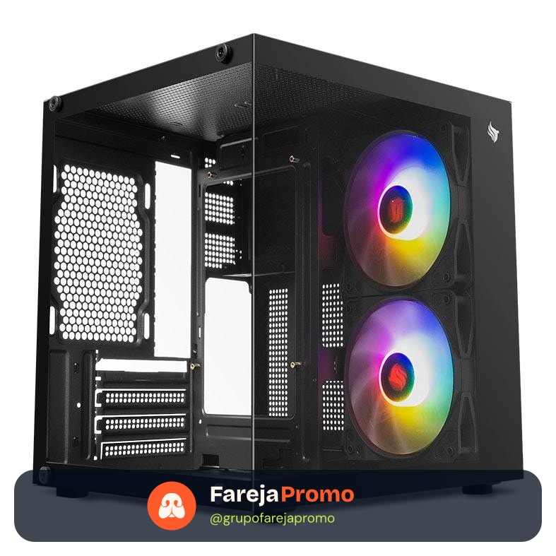 Gabinete Pichau Atom X preto com lateral de vidro e 2 fans