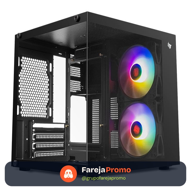 Gabinete Pichau Atom X preto com lateral de vidro e 2 fans