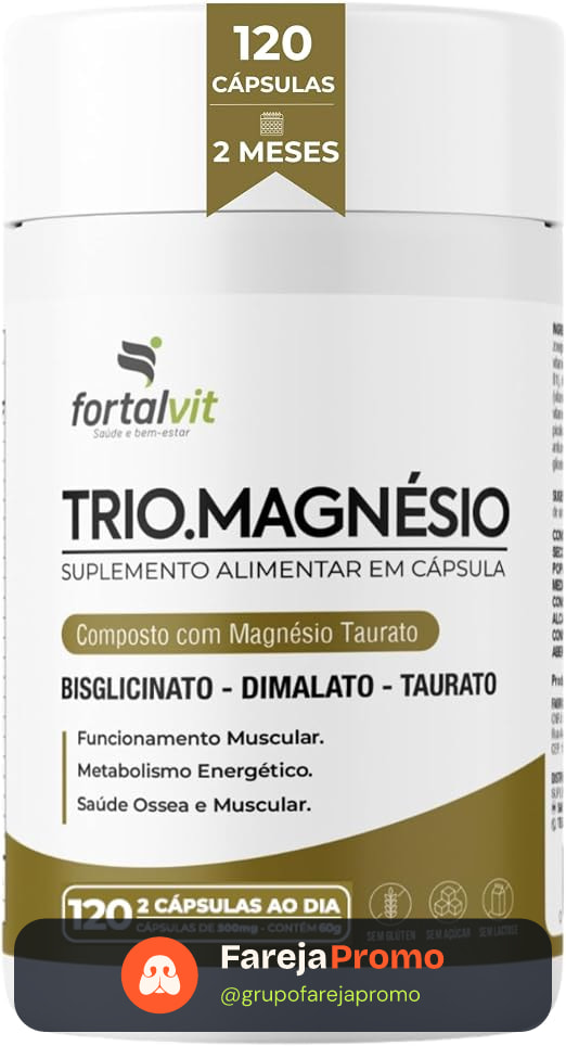 TRIO.MAGNÉSIO - Longa Duração: 2 Meses de Uso, Bisglicinato - Dimalato - Taurato, 260mg Alta Concentração,120 Cápsulas, Fortalvit