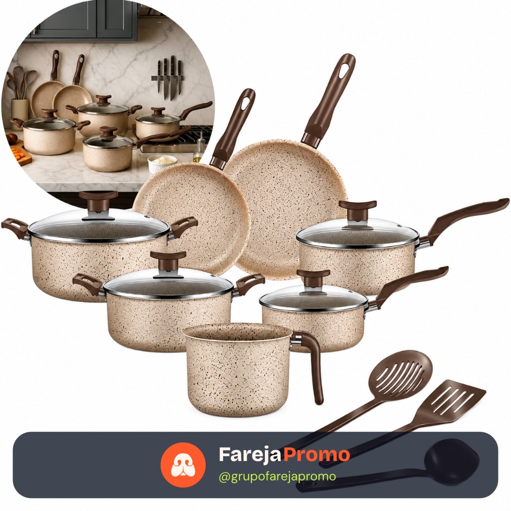 Jogo De Panelas 10 Peças Antiaderente Conjunto Caçarola Frigideira Fervedor Cor Coffee Cappuccino Kit Talheres