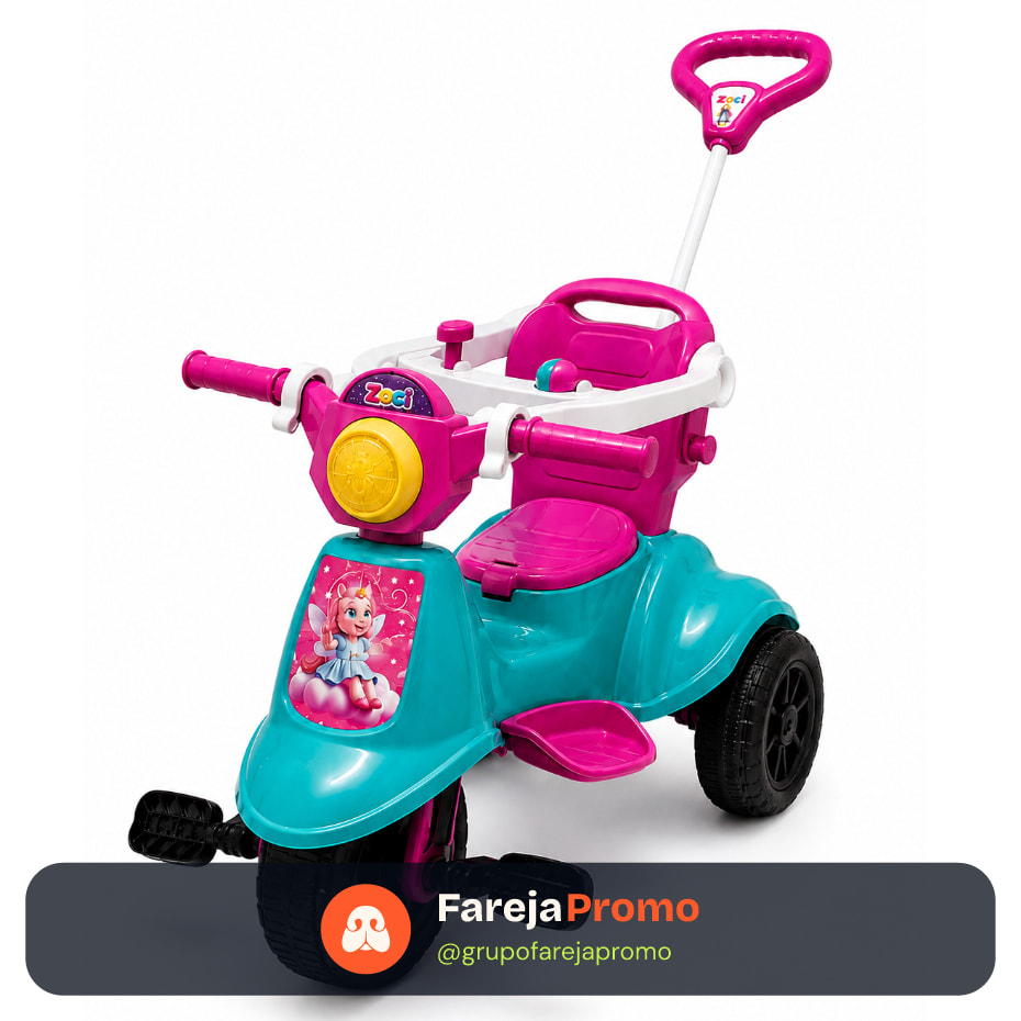 Triciclo Carrinho Motoca C/ Guia Passeio e Pedal Avespa Colorido Infantil Empurrador