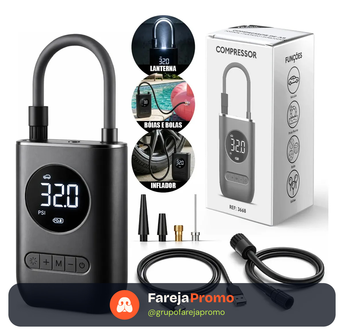 Mini Compressor de Ar Digital Portátil Recarregável USB-C Lumi para Pneus de Carro, Moto e Bicicleta Inflador Elétrico de Bolas e Infláveis Display LCD Alta Pressão Sem Fio Preto