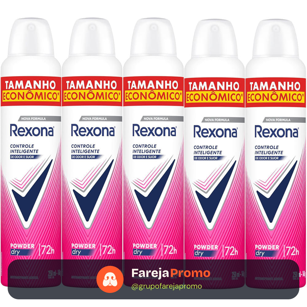 Kit Desodorante Antitranspirante Aerosol Rexona Powder Dry 72 horas 250ml - 5 Unidades