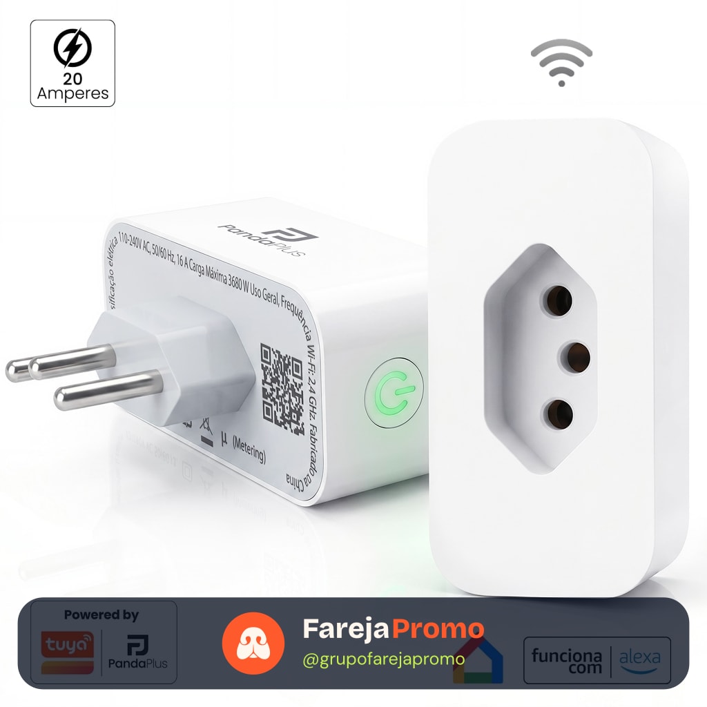 Tomada Inteligente Wifi 16A/20A Medidor Consumo App Panda Plus Alexa Google Tuya Comando Voz Bivolt