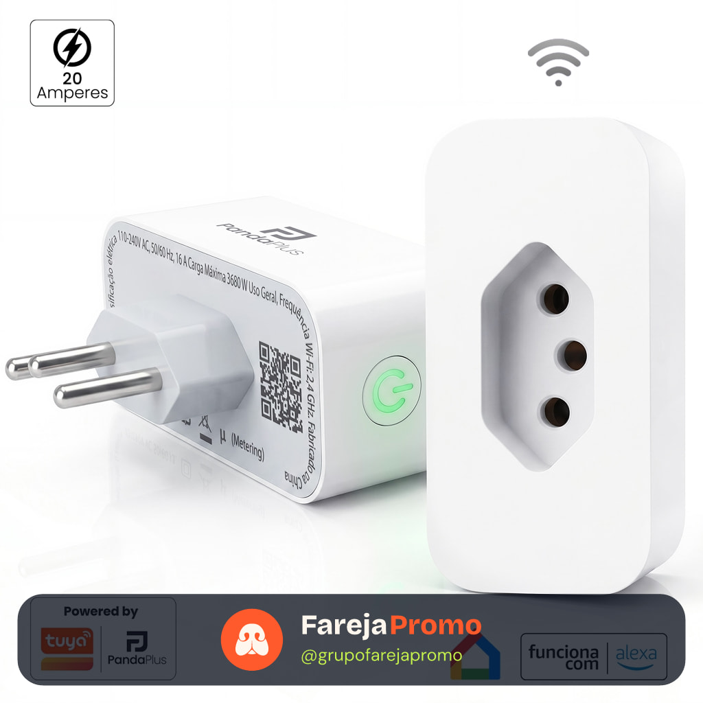 Tomada Inteligente Wifi 16A/20A Medidor Consumo App Panda Plus Alexa Google Tuya Comando Voz Bivolt
