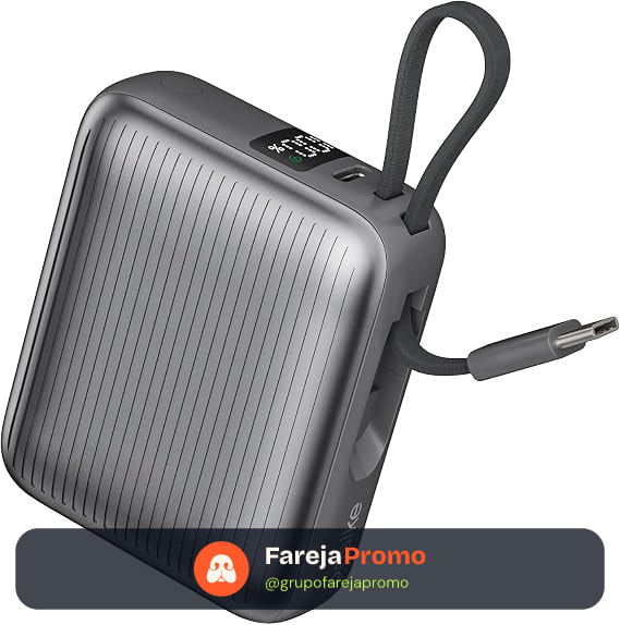 Basike Power Bank 10000mAh 35W, Cabo Tipo-C Integrado, Compacto, Cinza