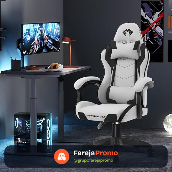 Cadeira Gamer Python Fly em tecido, respirável e ecológica, ângulo ajustável (Cinza Claro)