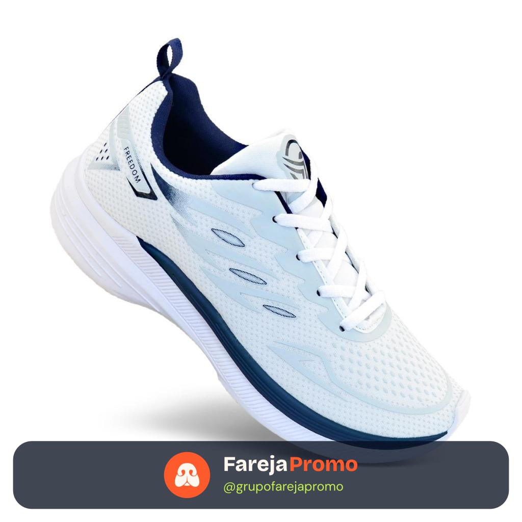 Tenis Masculino Escolar Academia Original FREEDOM Corrida Caminhada Lançamento BRANCO e AZUL