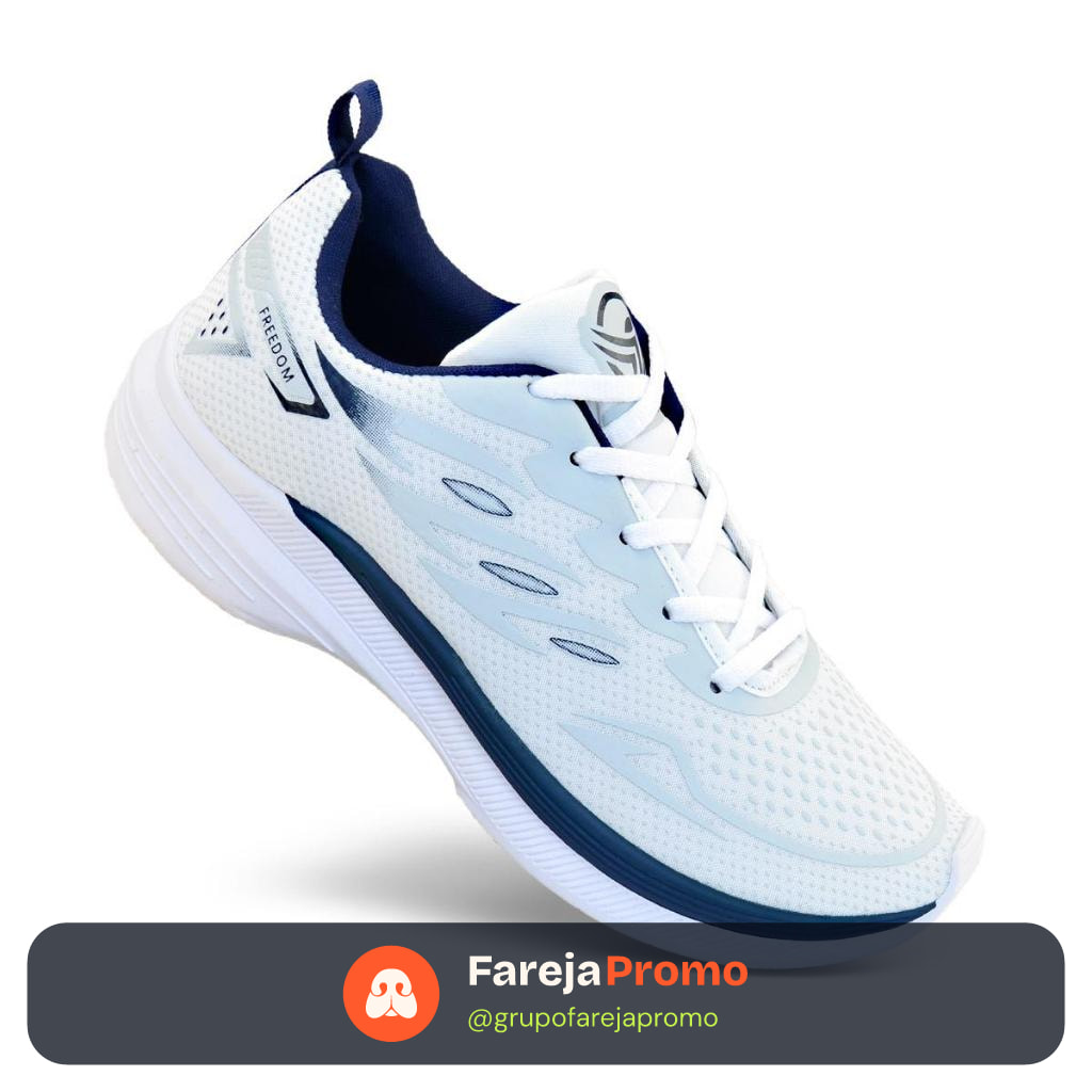 Tenis Masculino Escolar Academia Original FREEDOM Corrida Caminhada Lançamento BRANCO e AZUL