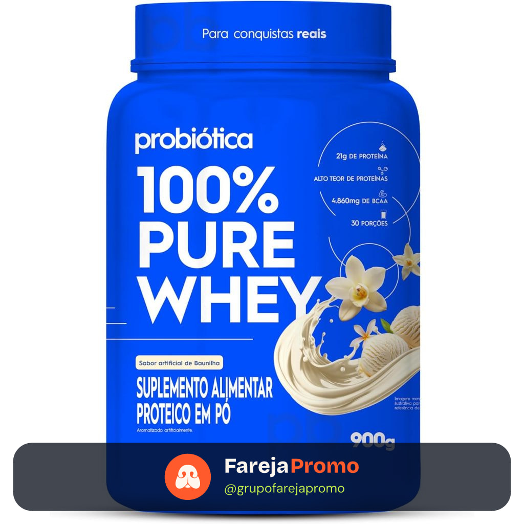 100% Pure Whey Baunilha Probiótica 900g Ganhe Coqueteleira 700ml de Brinde
