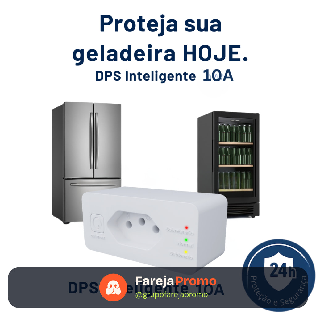 Protetor Eletrônico Geladeira Freezer 10A Tomada 3 Pinos Bivolt DPS Inteligente Contra Raios e Picos de Luz