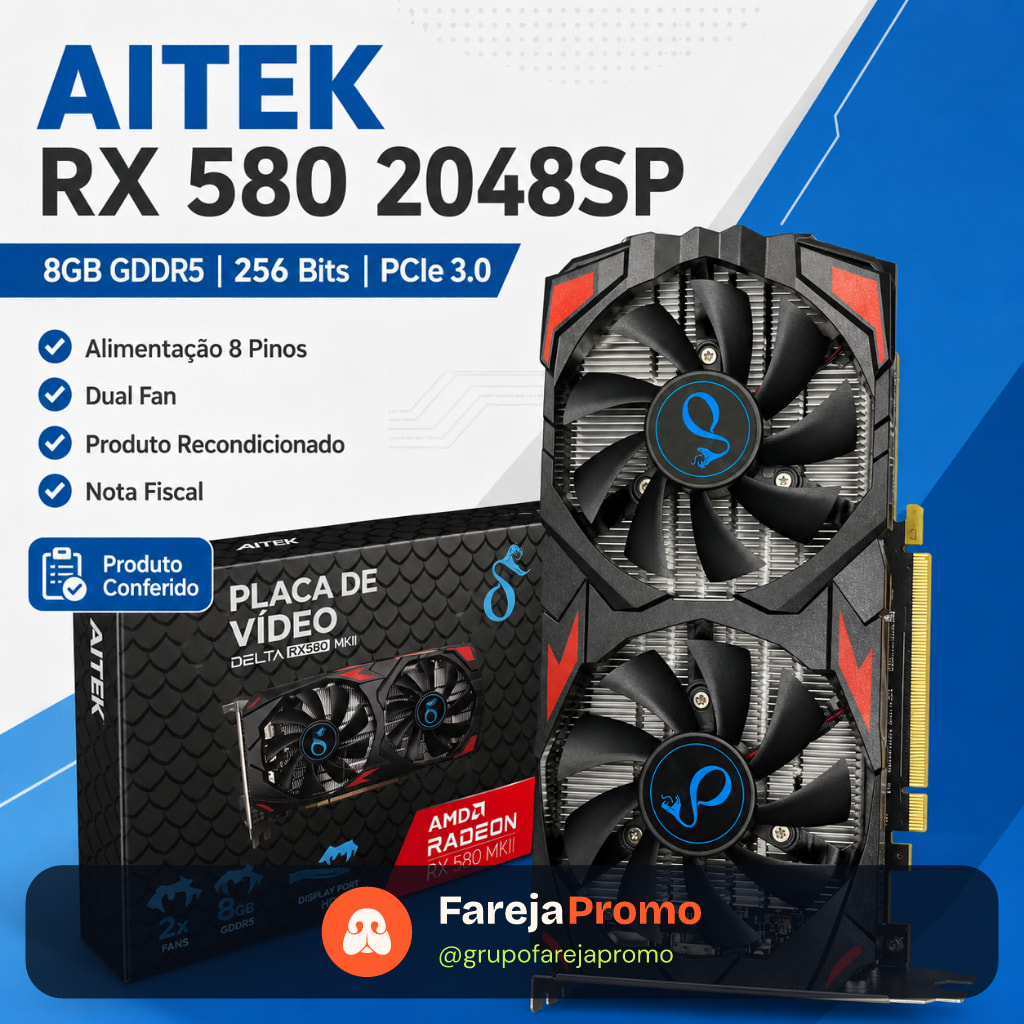 Placa De Vídeo AITEK RX 580 2048SP 8GB GDDR5 256 Bits PCIe 3.0 Recondicionada 8 Pinos