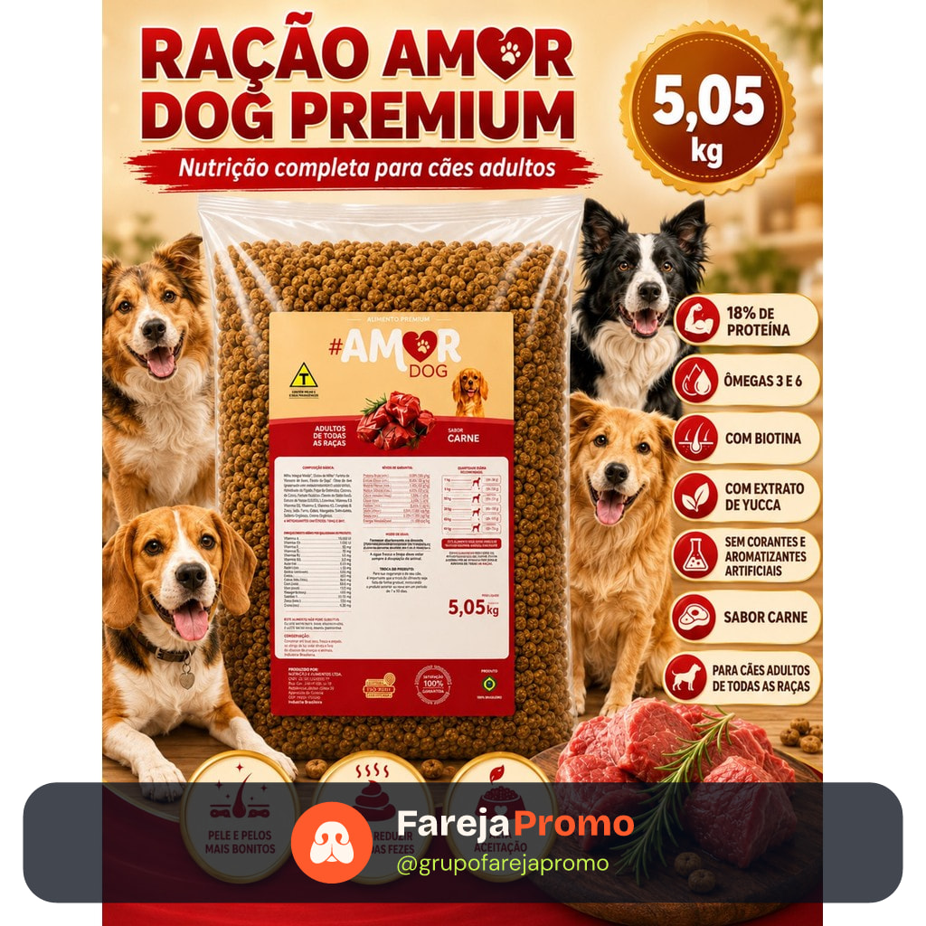 Ração Cachorro Premium 5kg Amor Dog Carne 18% Proteina Adulto Todas Raças