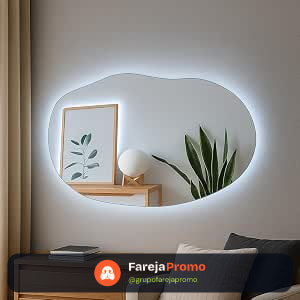 Espelho Decorativo Orgânico com LED Bivolt 90x60cm com Suporte para Fixação posição Horizontal