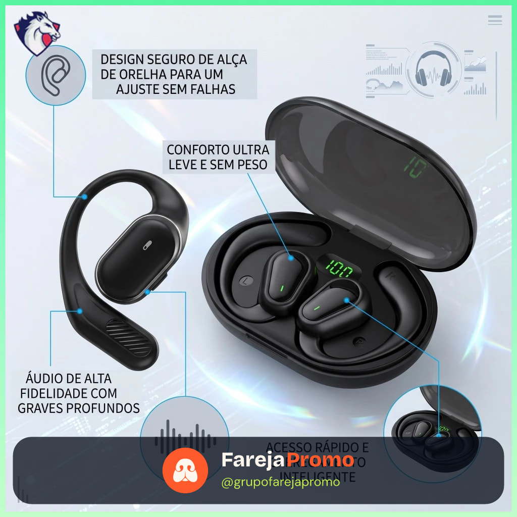 Fone de Ouvido Sem Fio Bluetooth com Condução Óssea/Compacto e Leve/Resistente a Água/Tipo-C