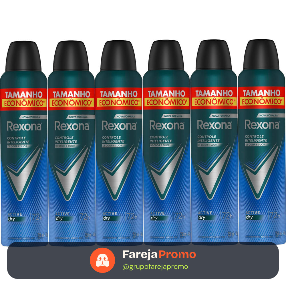 Kit Desodorante Antitranspirante Aerosol Rexona Active Dry 72 horas 250ml - 6 Unidades