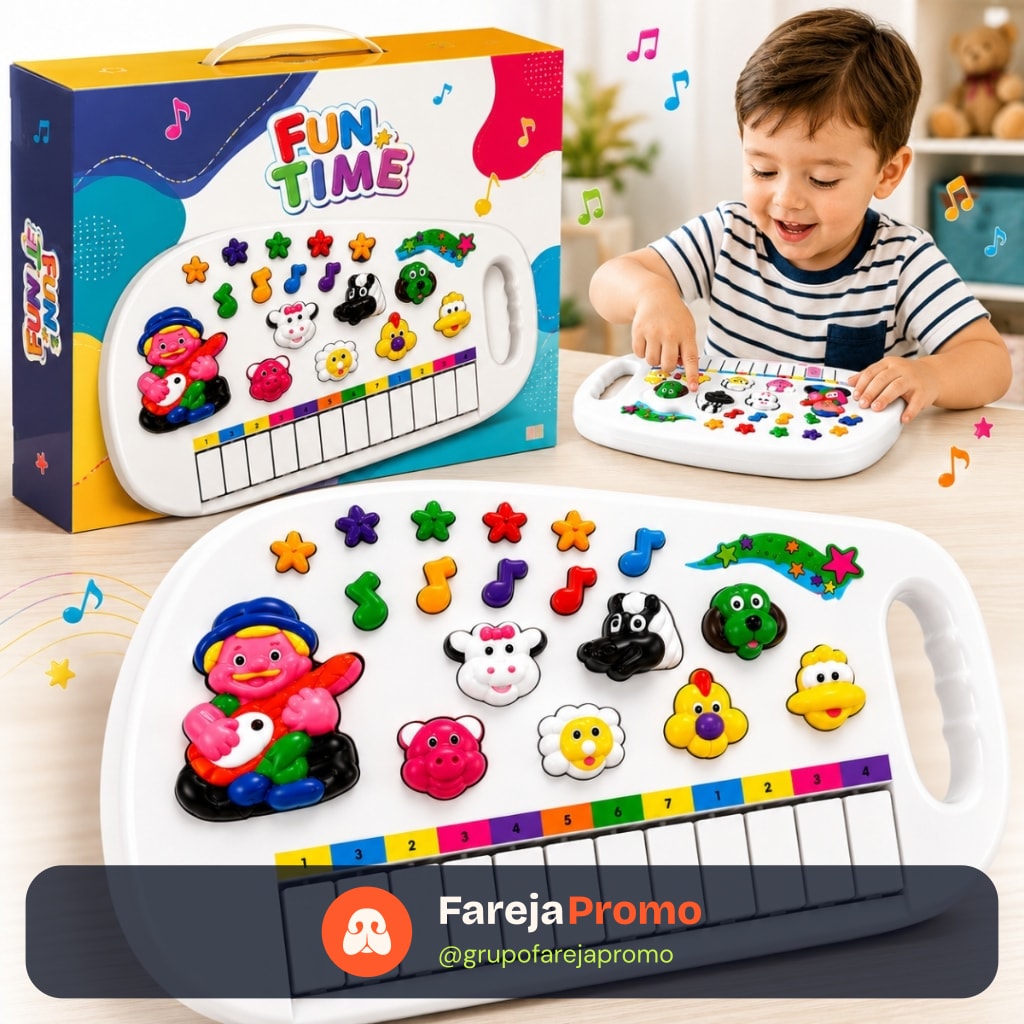Piano Infantil Teclado Musical Fazendinha 12 Teclas Som de Animais Brinquedo Bebê Criança Branco Pratitudo Toys