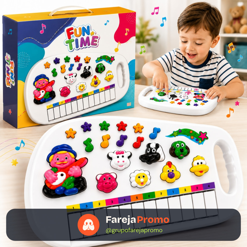 Piano Infantil Teclado Musical Fazendinha 12 Teclas Som de Animais Brinquedo Bebê Criança Branco Pratitudo Toys