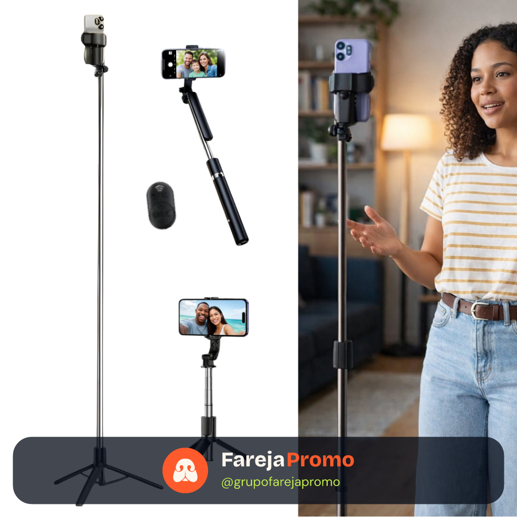 Tripé Bastão Para Celular Com Controle Portátil 1,70M Selfie Foto Vídeo Gravação Retrátil Ajustável Preto Extensível