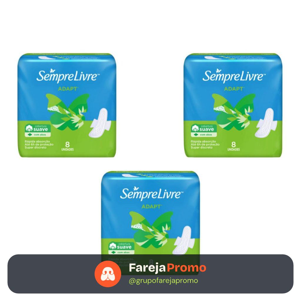 Kit C/3 Absorventes Sempre Livre Adapt Cobertura Suave com Abas - 08 Unidades