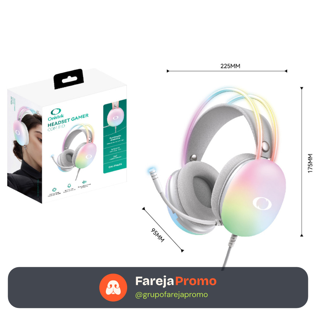 Headphone Gamer Onistek ON-FN635 Branco com RGB 50mm Microfone para PC e Notebook