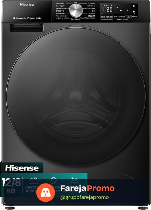 Hisense WD3S12 Lava e Seca Noir Frontal 12kg/8kg 59,5x61x84,5 cm com Vapor Wi-Fi 16 Programas 110V Digital 1400 RPM