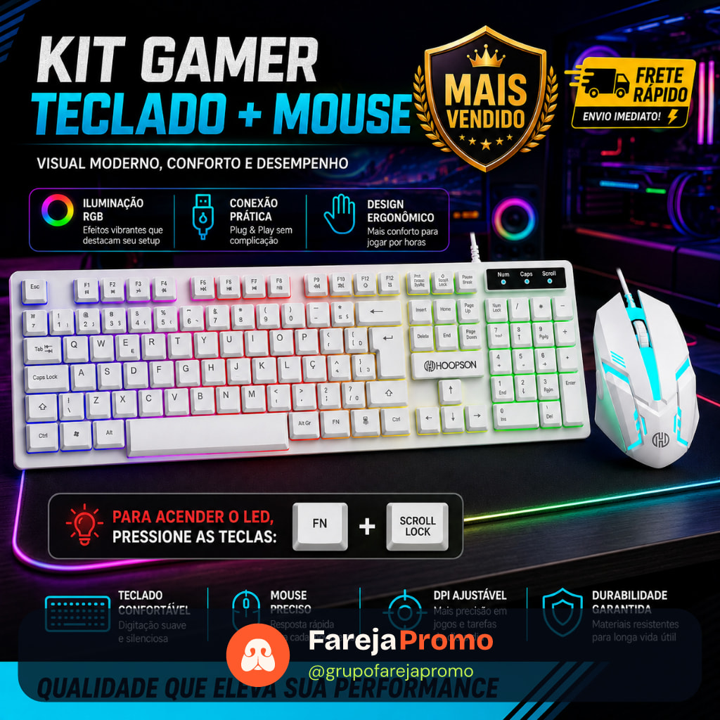Kit Teclado e Mouse branco Gamer RGB LED USB ABNT2 Profissional com Luz para PC Notebook Promoção