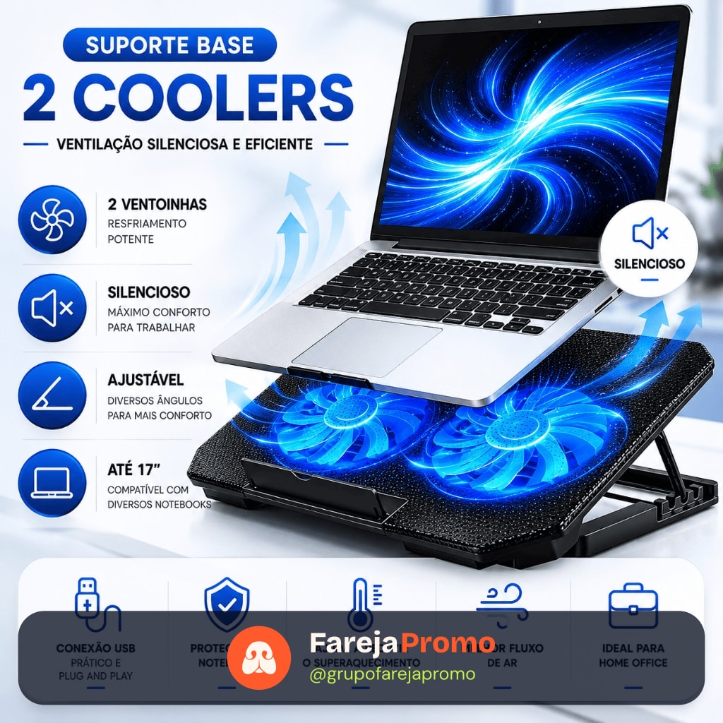 Suporte Base Notebook 2 Coolers Ventilação Silenciosa Ajustável Até 17” Resfriador USB Gamer Home Office
