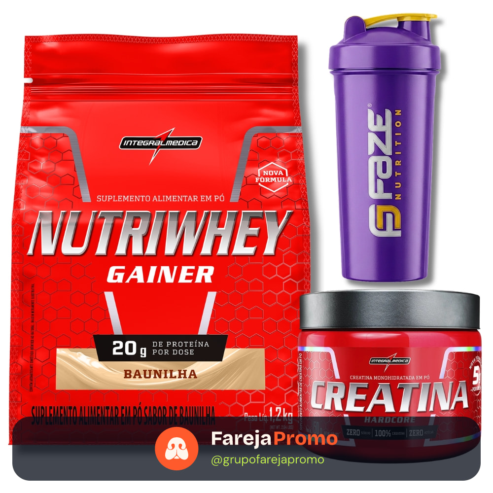 Kit Nutri Whey Gainer Refil 1,2kg + Creatina Hardcore150g Integralmedica + Coqueteleira Faze Nutrition