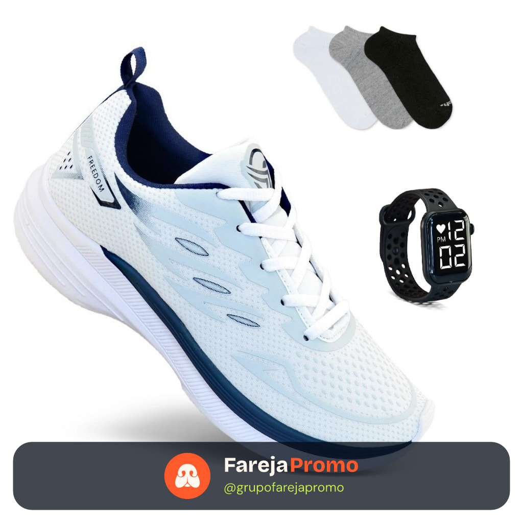 Tenis Masculino + Relogio + Meia Esportivo  Academia Corrida Caminhada Super leve e Macio