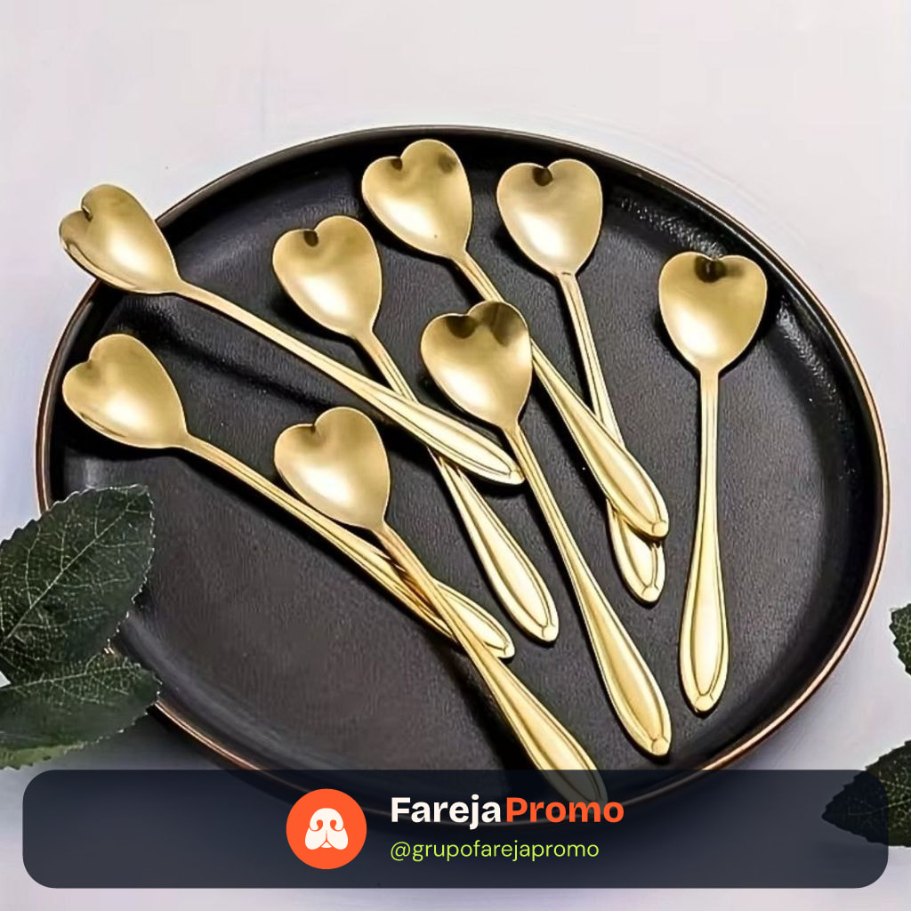 Kit 10 Colheres Coração Fofa para Cozinha Mesa Posta Douradas Café Sobremesa Chá Aço Inoxidável Envio imediato