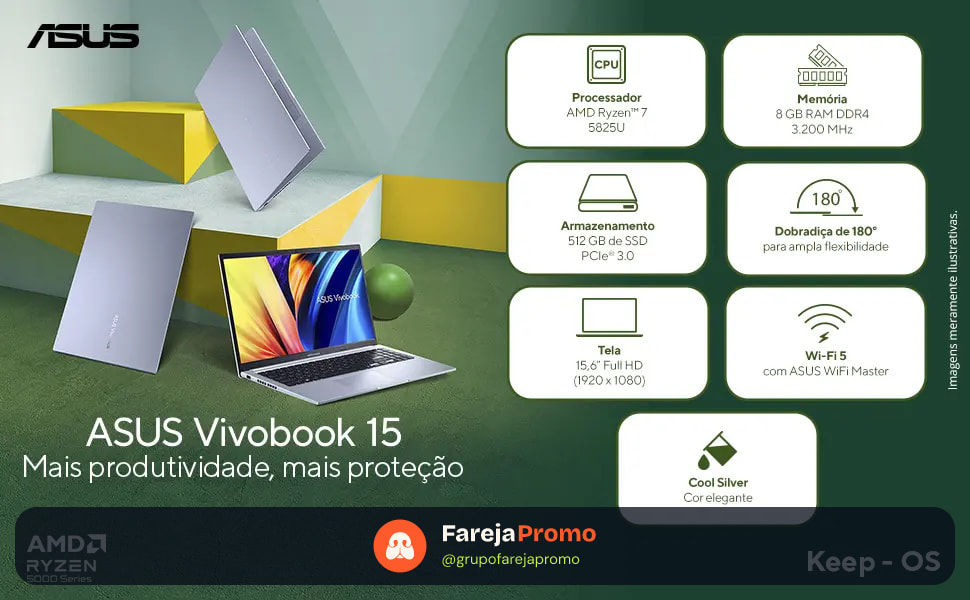 Notebook ASUS Vivobook 15 M1502, AMD Ryzen 7, 8 GB RAM, 512 GB SSD, KeepOS Linux, Cool Silver - M1502YA-NJ611