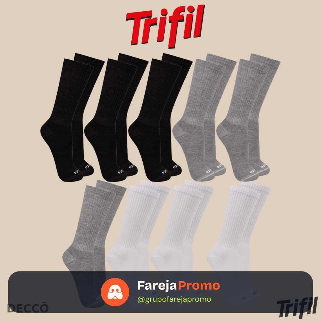 Kit com 9 Pares de Meias Modelo Cano Longo Trifil Sport Lisa Básica Calcanhar Verdadeiro Esportiva