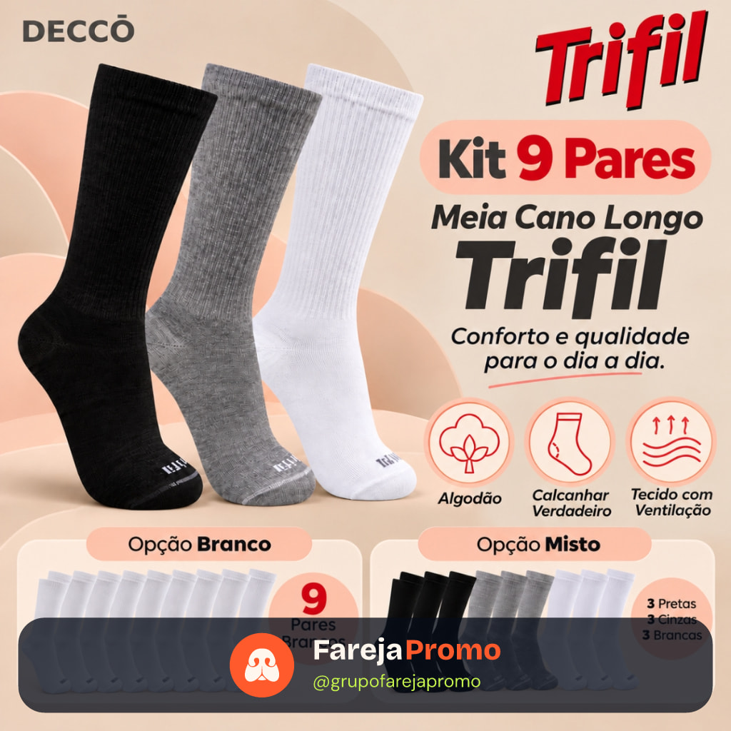 Kit com 9 Pares de Meias Modelo Cano Longo Trifil Sport Lisa Básica Calcanhar Verdadeiro Esportiva