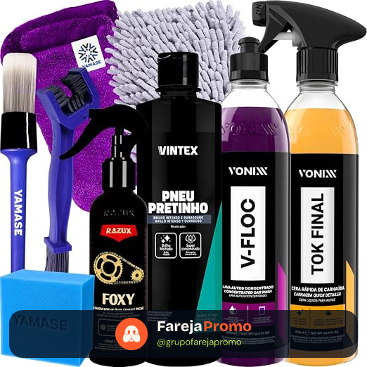 Kit Limpa Moto Cera Shampoo Desengraxante Pretinho Limpador de Corrente Vonixx Foxy Pneu Pretinho V-Floc Tok Final Acessórios