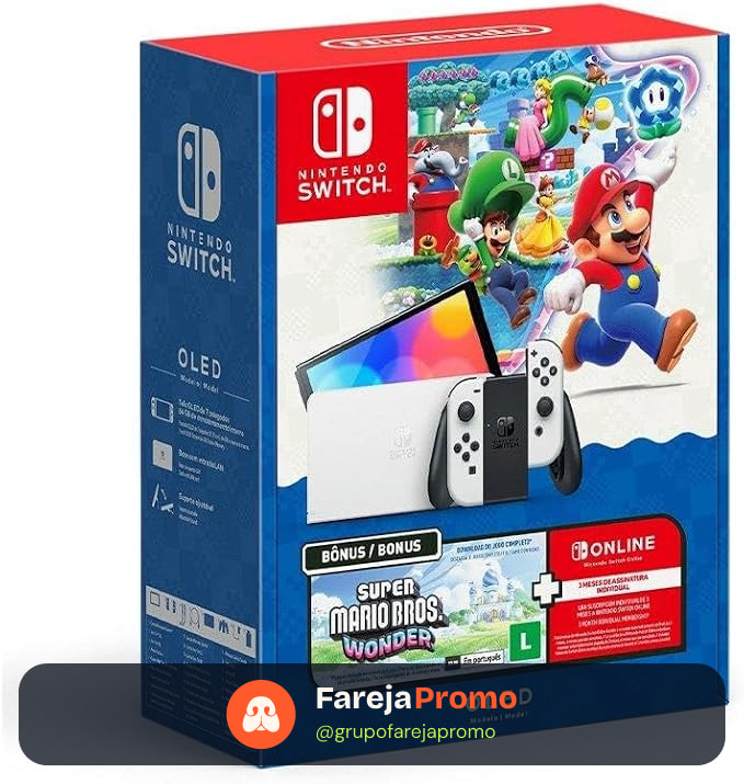 Bundle Nintendo Switch OLED + Super Mario Bros Wonder + 3 Meses de Assinatura Nintendo Switch Online