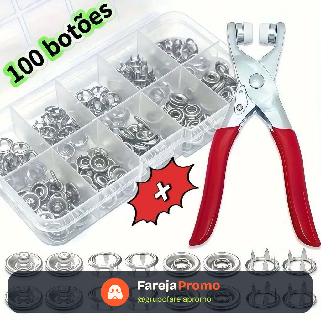 Alicate Aplicador Com 100 Botões De Metal De Pressão Para Roupa