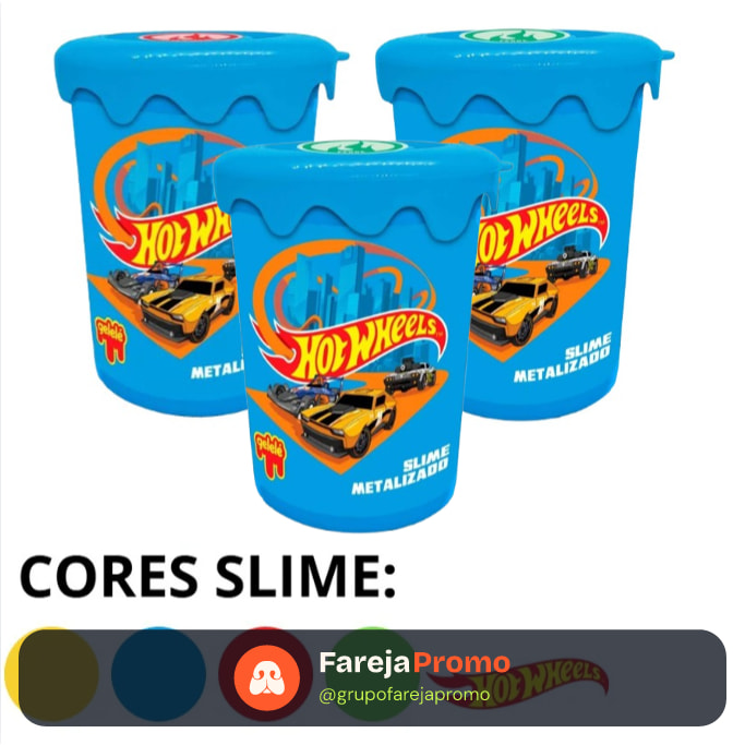 Kit 3 Slime Hot Wheels Metalizado Brinquedo Infantil Potinho 180g Dourado Azul Verde Vermelho