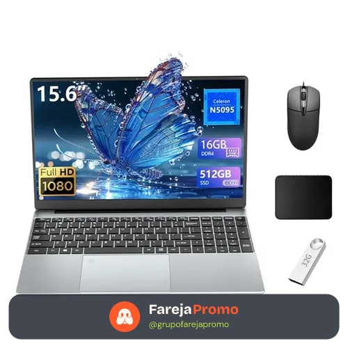 Notebook Gamer 15,6 Polegadas Intel N5095 (2025) - 16GB RAM + 512GB SSD, Live Streaming, Leve e Rápido
