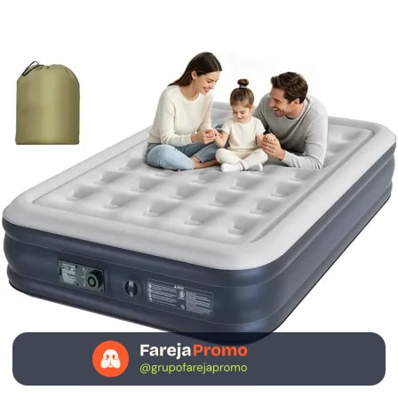 Colchão Inflável Queen Casal Com Bomba Elétrica Embutida 200x154x43cm Portátil Azul E Branco