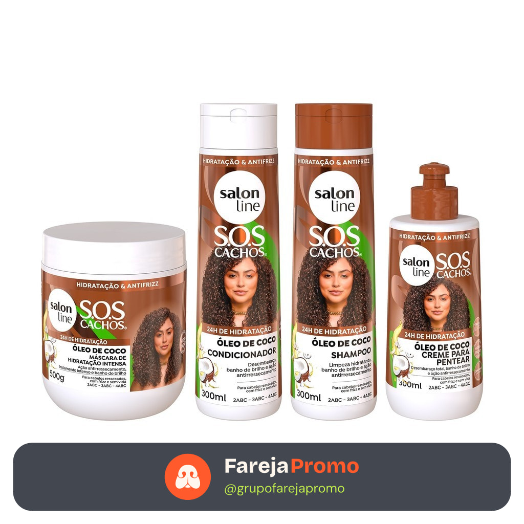 Kit SOS Cachos Coco Shampoo + Condicionador + Creme de Pentear + Máscara Salon Line