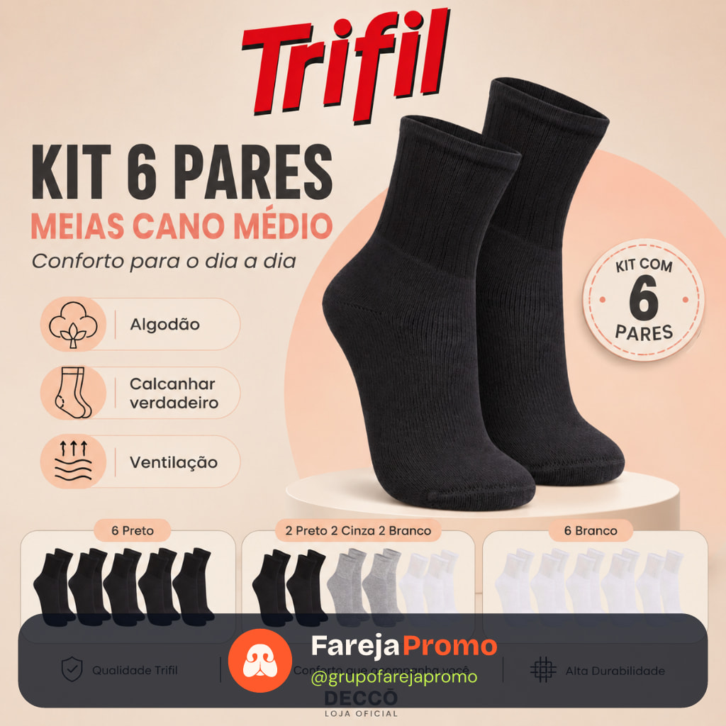 Kit com 6 Pares de Meias Trifil Sport Modelo Cano Médio Lisa Básica Esportiva Calcanhar Verdadeiro