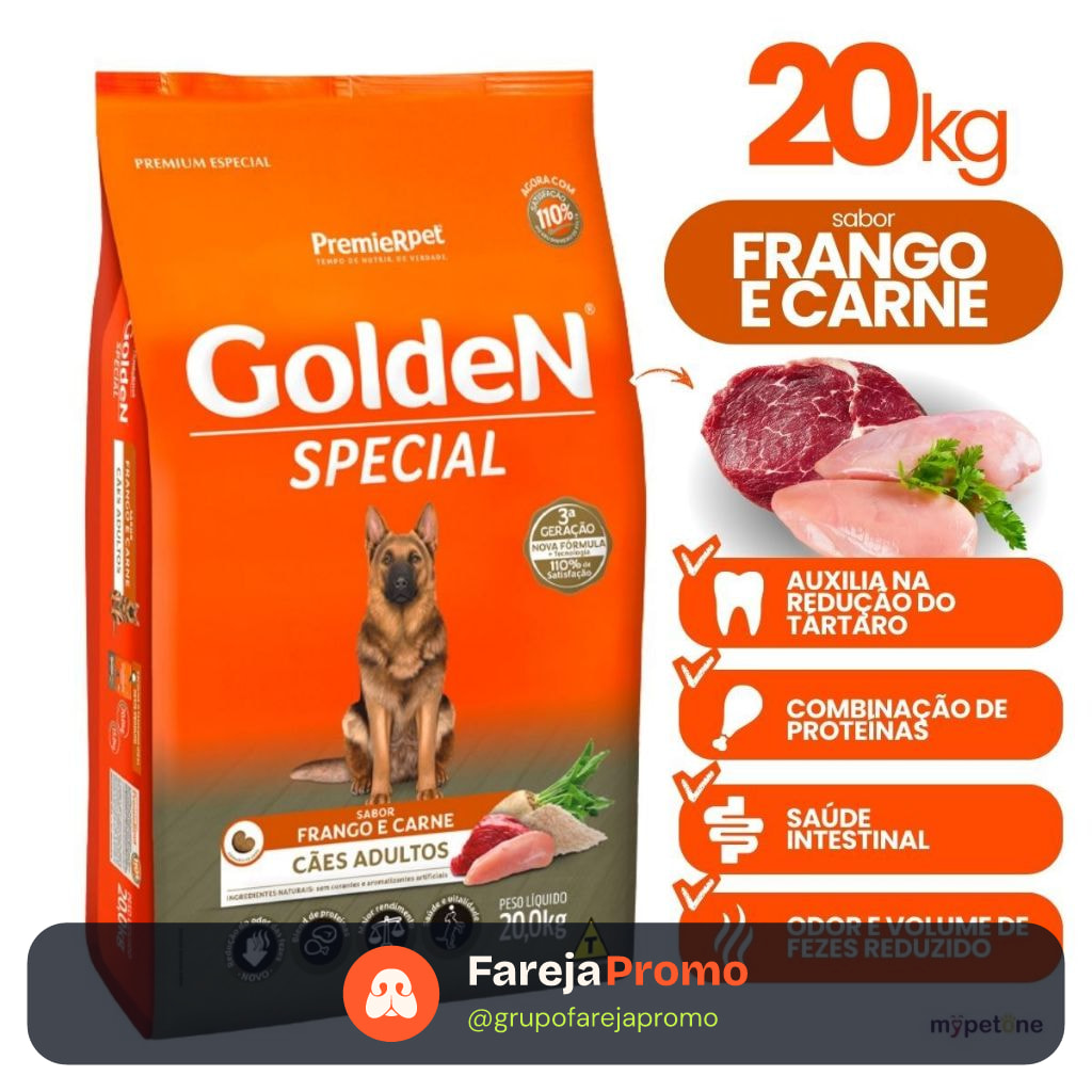 Ração Golden Special 20kg Cães Adultos Premier Sabor Frango e Carne