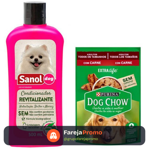 Condicionador Sanol Dog Revitalizante - 500 ml Cachorro Cães e Gatos + Ração Úmida Nestle Purina Dog Chow Sachê Carne