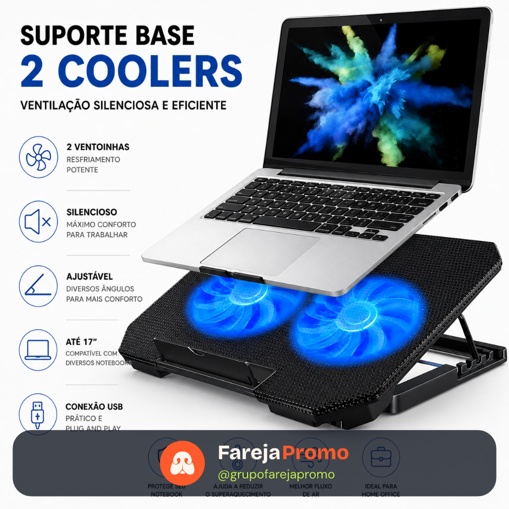 Suporte Base Refrigerada Notebook 2 Coolers Ventilação Silenciosa Ajustável USB Até 17” Gamer Home Office