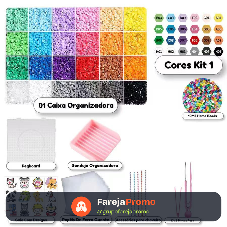 Kit Hama Beads 10.000 Peças 2,6mm 24 Cores Pinças + Ferramentas Pegboard Chaveiro Brinquedos