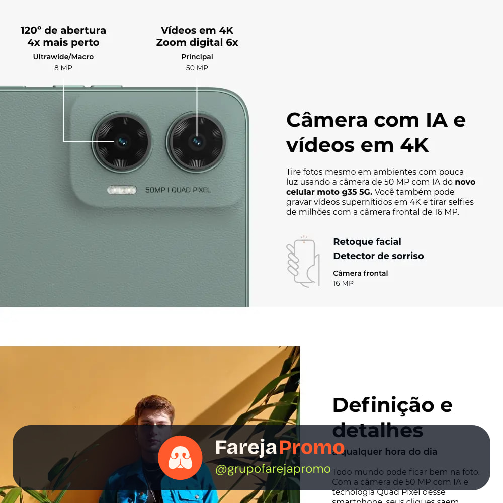 Smartphone Motorola Moto G35 5g - 256gb 4gb Ram+8gb Ram Boost e Camera 50mp Com Ai Nfc Tela 6.7 Com Superbrilho - Coral - Vegan Leather