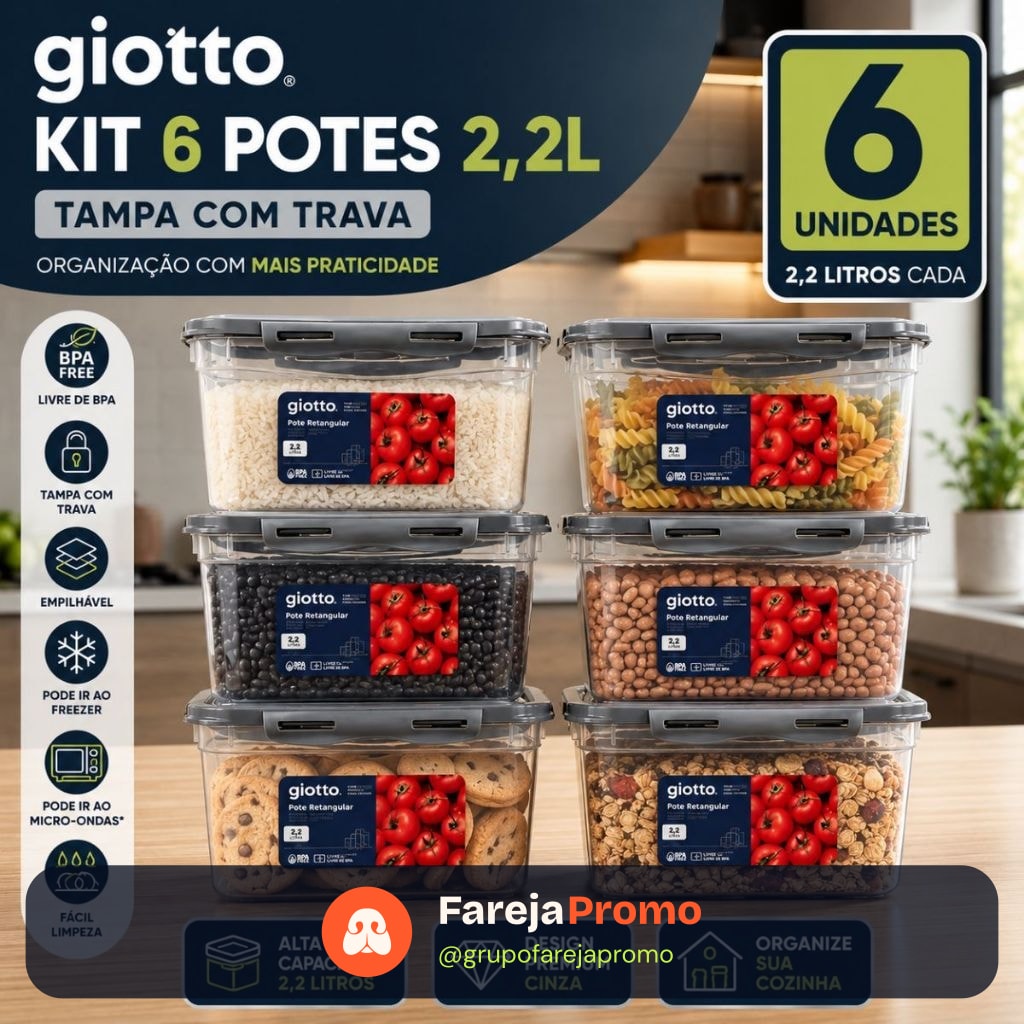 Kit 6 Potes Com Tampa e Trava 2,2L Alto Cinza Freezer E Microondas Marmitas Fitness Giotto